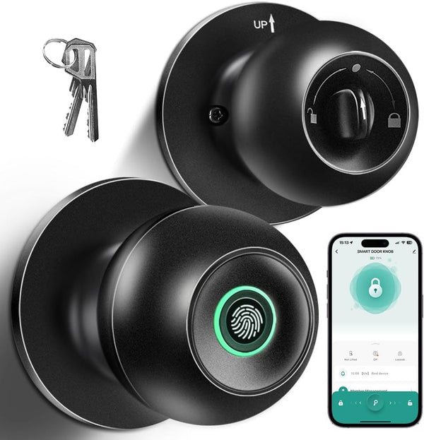 LUMIA -X Smart Fingerprint Door Knob Lock, 3-Way Unlocking Digital Bedroom Knob Lock with Bluetooth, Mobile App Control & Key, Keyless for Bedroom,Home, Apartment Office