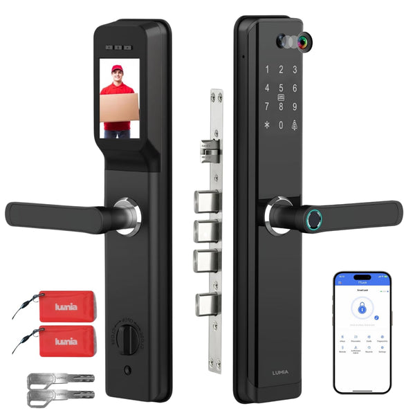 LUMIA OMEGA Premium Smart Digital Door Lock with Camera, 7-Way Unlocking Fingerprint, WiFi+Bluetooth, Mobile App, OTP, Password, NFC Card and Manual Key Access (Black) 2 Years Warranty